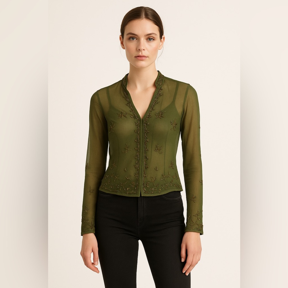 Tristan & Iseut | Beaded Embellished Sheer Blouse - Dark Olive Green